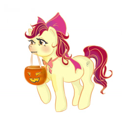 Size: 1280x1235 | Tagged: safe, artist:moonshineleo, imported from derpibooru, apple bloom, earth pony, pony, blushing, bowtie, female, filly, foal, mouth hold, pumpkin bucket, raised hoof, simple background, solo, white background