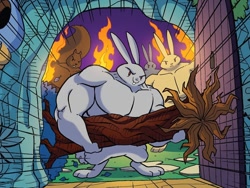 Size: 998x750 | Tagged: safe, artist:tonyfleecs, idw, imported from derpibooru, rabbit, squirrel, legends of magic, spoiler:comic, animal, buff, cursed image, group, male, muscles, torch, tree trunk, what has magic done