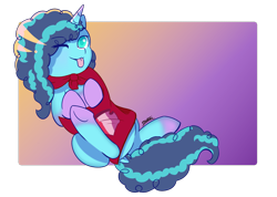 Size: 3464x2468 | Tagged: safe, artist:backgroundpony#f352, derpibooru exclusive, imported from derpibooru, pony, unicorn, blank flank, cape, clothes, cmc cape, cute, female, g5, horn, looking at you, mare, misty brightdawn, mlp fim's twelfth anniversary, one eye closed, solo, tongue out, wink, winking at you