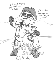 Size: 497x587 | Tagged: safe, artist:jargon scott, imported from derpibooru, oc, oc only, oc:snusnu, pony, succubus, succubus pony, beetlejuice, belly button, bipedal, black and white, boots, cowboy boots, cowboy hat, dialogue, fat, female, freckles, grayscale, hat, mare, monochrome, open mouth, open smile, shoes, simple background, smiling, solo, sunglasses, white background