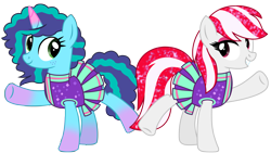 Size: 8171x4610 | Tagged: safe, artist:ejlightning007arts, imported from derpibooru, sugar moonlight, earth pony, pony, unicorn, 2 4 6 greaaat, base used, cheerleader, cheerleader outfit, clothes, clothes swap, coat markings, duo, duo female, female, freckles, g4, g5, g5 to g4, generation leap, glitter, makeup, mare, misty brightdawn, my little pony: a new generation, my little pony: make your mark, raised hoof, simple background, smiling, socks (coat markings), transparent background, vector