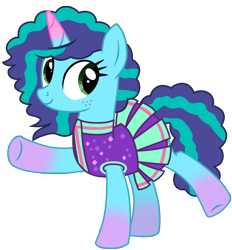 Size: 4271x4610 | Tagged: safe, artist:ejlightning007arts, imported from derpibooru, pony, unicorn, 2 4 6 greaaat, base used, cheerleader, cheerleader outfit, clothes, clothes swap, coat markings, cute, female, freckles, g4, g5, g5 to g4, generation leap, mare, misty brightdawn, mistybetes, my little pony: a new generation, my little pony: make your mark, raised hoof, simple background, smiling, socks (coat markings), solo, transparent background, vector