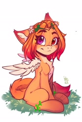 Size: 1367x2048 | Tagged: safe, artist:falafeljake, imported from derpibooru, oc, oc only, fox, fox pony, hybrid, countershading, floral head wreath, flower, looking at you, simple background, solo, white background, wings
