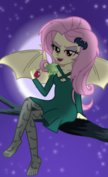 Size: 4600x7517 | Tagged: safe, artist:emeraldblast63, artist:uotapo, imported from derpibooru, fluttershy, bat pony, human, equestria girls, apple, bat ponified, bat wings, boob window, breasts, broom, cleavage, clothes, crossed legs, dress, eyeshadow, fangs, flutterbat, food, hairpin, legs, makeup, missing shoes, moon, race swap, red eyes, stars, stocking feet, toes, tree branch, wings