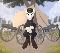 Size: 2000x1750 | Tagged: safe, artist:silverfox057, imported from derpibooru, oc, oc only, oc:rough seas, earth pony, pony, semi-anthro, american civil war, cannon, earth pony oc, male, officer, smiling, solo, stallion, standing on two hooves, sword, tent, weapon