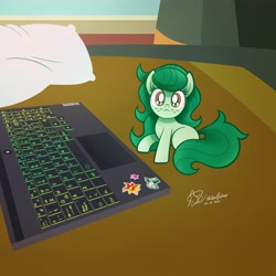 Size: 4096x4096 | Tagged: safe, alternate version, artist:theratedrshimmer, imported from derpibooru, wallflower blush, earth pony, pony, bed, behaving like a cat, chibi, computer, cute, female, flowerbetes, implied sunset shimmer, laptop computer, looking at you, meme, pillow, ponified, ponified animal photo, ponified meme, smol, solo, tiny, tiny ponies