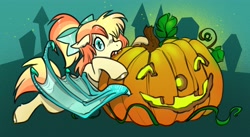 Size: 4082x2244 | Tagged: safe, artist:opalacorn, imported from derpibooru, oc, oc only, oc:sunshine drift, bat pony, pony, bat pony oc, biting, bow, commission, fangs, female, hair bow, halloween, holiday, jack-o-lantern, looking at you, mare, pumpkin, solo