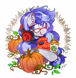 Size: 3968x4096 | Tagged: safe, artist:opalacorn, imported from derpibooru, oc, oc only, oc:cinnabyte, earth pony, pony, coffee, commission, drink, ear fluff, female, glasses, grin, headset, hoof hold, latte, leaves, mare, pumpkin, simple background, smiling, solo, unshorn fetlocks, white background