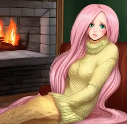 Size: 1024x998 | Tagged: safe, imported from derpibooru, fluttershy, human, ai content, ai generated, clothes, fireplace, generator:purplesmart.ai, generator:stable diffusion, humanized, sitting, solo, sweater, sweatershy