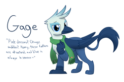 Size: 1500x1000 | Tagged: safe, artist:mightyshockwave, imported from derpibooru, oc, oc only, oc:gage, griffon, clothes, griffon oc, quote, scarf, simple background, solo, white background