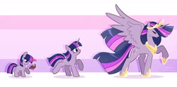 Size: 3533x1756 | Tagged: safe, artist:syrupyyy, imported from derpibooru, twilight sparkle, alicorn, pony, unicorn, age progression, blank flank, comparison, crown, cute, female, filly, filly twilight sparkle, foal, g4, high res, jewelry, mare, older, older twilight, ponytober, princess twilight 2.0, regalia, sequence, simple background, twiabetes, twilight sparkle (alicorn), unicorn twilight, younger