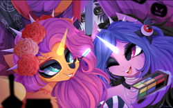 Size: 4000x2500 | Tagged: safe, artist:xsatanielx, edit, imported from derpibooru, izzy moonbow, sunny starscout, alicorn, pony, unicorn, female, g5, halloween, holiday, makeup, mare, mlp fim's twelfth anniversary