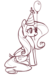 Size: 1009x1445 | Tagged: safe, artist:nookprint, imported from derpibooru, fluttershy, pegasus, pony, balloon, black and white, cute, female, folded wings, grayscale, hat, lineart, mare, monochrome, mouth hold, party hat, shyabetes, simple background, sitting, solo, white background, wings