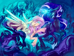 Size: 2224x1668 | Tagged: safe, artist:rugr, imported from derpibooru, fluttershy, nightmare rarity, rarity, pegasus, pony, unicorn, blood, blurry, bubble, chest fluff, crown, digital art, fangs, feather, female, flarity, flowing mane, glow, glowing, glowing horn, hoof shoes, horn, image, jewelry, lesbian, long horn, looking at each other, looking at someone, magic, mare, pink mane, purple mane, regalia, shadow creature, shipping, spread wings, swimming, teeth, underwater, unshorn fetlocks, water, wings