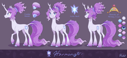 Size: 2750x1265 | Tagged: safe, artist:heilos, imported from derpibooru, tree of harmony, oc, oc:harmony (heilos), classical unicorn, pony, unicorn, big crown thingy, cloven hooves, color palette, crown, crystal, cutie mark, element of generosity, element of honesty, element of kindness, element of laughter, element of loyalty, element of magic, elements of harmony, female, flower, flower in hair, jewelry, leonine tail, mare, ponified, reference sheet, regalia, smiling, tail, unshorn fetlocks
