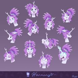 Size: 2100x2100 | Tagged: safe, artist:heilos, imported from derpibooru, tree of harmony, oc, oc only, oc:harmony (heilos), pony, crying, crystal, expressions, facial expressions, female, flower, flower in hair, magic, mare, ponified, reference sheet, smiling