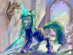Size: 2224x1668 | Tagged: safe, artist:rugr, imported from derpibooru, oc, oc only, pony, unicorn, clothes, female, looking at you, mare, solo, sword, weapon