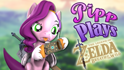 Size: 1920x1080 | Tagged: safe, artist:pika-robo, imported from derpibooru, pipp petals, pegasus, pony, series:pipp plays, 3d, fake thumbnail, female, folded wings, g4, g5, g5 to g4, gamer pipp, gaming headset, generation leap, headset, hoof hold, let's play, mare, master sword, raised eyebrow, sheikah slate, shield, source filmmaker, sword, the legend of zelda, the legend of zelda: breath of the wild, tongue out, video game, weapon, wings, youtube thumbnail