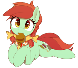 Size: 2300x2000 | Tagged: safe, artist:thebatfang, imported from derpibooru, candy apples, earth pony, pony, apple, apple family member, bow, braid, candy apple (food), cute, female, food, hair bow, looking at you, lying down, mare, pigtails, prone, simple background, solo, transparent background