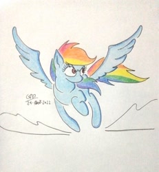 Size: 780x844 | Tagged: safe, artist:gafelpoez, imported from derpibooru, rainbow dash, pony, flying, solo, traditional art