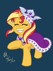 Size: 1668x2224 | Tagged: safe, artist:mayorlight, imported from derpibooru, princess platinum, sunset shimmer, pony, unicorn, equestria girls, clothes, clothes swap, cosplay, costume, crown, eyes closed, female, grin, halloween, holiday, jewelry, mare, mlp fim's twelfth anniversary, nightmare night, raised hoof, regalia, smiling, solo