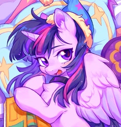 Size: 1195x1255 | Tagged: safe, artist:千雲九枭, imported from derpibooru, twilight sparkle, alicorn, pony, bed, blushing, book, chest fluff, choker, collar, cute, ear fluff, featured image, female, hat, looking back, lying down, mare, nightcap, on side, open mouth, open smile, pillow, smiling, solo, twiabetes, twilight sparkle (alicorn), wings