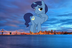 Size: 2048x1365 | Tagged: safe, artist:cheezedoodle96, edit, editor:jaredking779, imported from derpibooru, night light, pony, unicorn, attack on pony, california, frog (hoof), giant pony, giant unicorn, highrise ponies, irl, looking at you, macro, male, mega giant, photo, ponies in real life, raised hoof, san francisco, smiling, solo, stallion, story included, underhoof