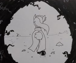 Size: 2048x1711 | Tagged: safe, artist:pony quarantine, imported from derpibooru, oc, oc only, oc:bo, earth pony, pony, butt, creepy, facing away, female, grayscale, mare, monochrome, plot, solo, traditional art