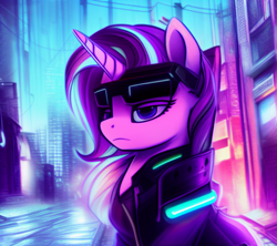 Size: 1152x1024 | Tagged: safe, imported from derpibooru, starlight glimmer, pony, unicorn, ai content, ai generated, clothes, cyberpunk, female, frown, generator:pony diffusion v1, generator:stable diffusion, glasses, jacket, leather, leather jacket, looking at you, mare, prompter:siber, solo