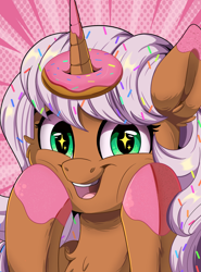 Size: 2964x4000 | Tagged: safe, artist:joaothejohn, imported from derpibooru, oc, oc only, oc:donut daydream, pony, unicorn, candy, cheek squish, cute, donut, food, horn, horn impalement, looking at you, smiling, solo, squishy cheeks, unicorn oc