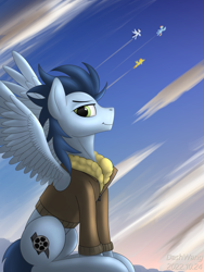 Size: 2250x3000 | Tagged: safe, artist:dash wang, imported from derpibooru, oc, pegasus, bomber jacket, clothes, cloud, jacket, male, sky, stallion, wings