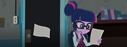 Size: 2871x1080 | Tagged: safe, composite screencap, edit, edited screencap, imported from derpibooru, screencap, sci-twi, twilight sparkle, human, equestria girls, friendship games, clothes, crystal prep academy uniform, female, glasses, hair bun, paper, school uniform, solo