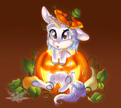 Size: 1920x1712 | Tagged: safe, artist:doekitty, imported from derpibooru, part of a set, oc, oc only, oc:opalescent, pony, unicorn, chibi, commission, female, halloween, holiday, jack-o-lantern, mare, one ear down, pumpkin, solo, ych result