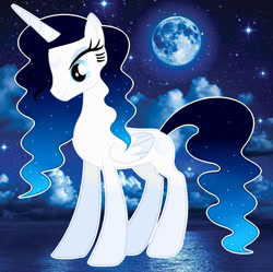Size: 1280x1276 | Tagged: safe, artist:cindystarlight, imported from derpibooru, oc, oc only, oc:moonlight, alicorn, pony, base used, female, mare, moon, night, ocean, solo, stars, water