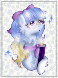 Size: 864x1153 | Tagged: safe, artist:bloomydia, imported from derpibooru, oc, pony, book, bow, female, glasses, hair bow, mare, solo