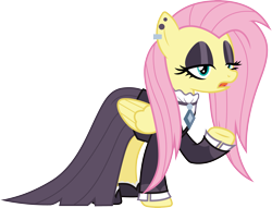 Size: 3931x3000 | Tagged: safe, artist:cloudy glow, imported from derpibooru, fluttershy, pegasus, pony, fake it 'til you make it, .ai available, clothes, ear piercing, earring, eyeshadow, female, fluttergoth, goth, high res, jewelry, lidded eyes, makeup, mare, open mouth, piercing, raised hoof, simple background, solo, transparent background, vector