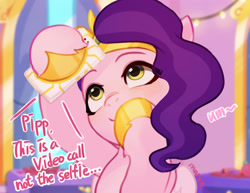 Size: 2728x2106 | Tagged: safe, artist:maren, imported from derpibooru, pipp petals, pegasus, pony, adorapipp, cellphone, cute, female, g5, headband, implied zipp storm, jewelry, mare, phone, smiling, solo, video call