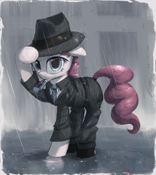 Size: 3000x3361 | Tagged: safe, artist:vultraz, imported from derpibooru, pinkie pie, earth pony, pony, clothes, coat, detective, fedora, female, floppy ears, hat, looking at you, mare, necktie, noir, noisemaker, party whistle, pinktober, ponerpics import, rain, raised hoof, solo, water, wet