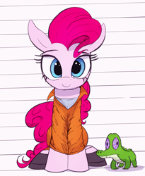 Size: 3000x3660 | Tagged: safe, artist:vultraz, imported from derpibooru, gummy, pinkie pie, alligator, earth pony, pony, clothes, female, looking at you, mare, ponerpics import, prison outfit, prisoner pp, shirt, shoes, sitting, smiling, undershirt