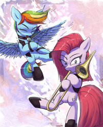 Size: 3000x3710 | Tagged: safe, artist:vultraz, imported from derpibooru, pinkie pie, rainbow dash, earth pony, pegasus, pony, abstract background, bipedal, choker, clothes, duo, eyes closed, female, flying, hoof hold, looking at you, mare, microphone, musical instrument, open mouth, pinkamena diane pie, pinktober, shoes, singing, spread wings, trombone, vest, wings