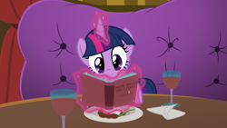 Size: 7282x4096 | Tagged: safe, artist:sollace, derpibooru exclusive, imported from derpibooru, part of a set, twilight sparkle, alicorn, pony, series:pov, viva las pegasus, absurd resolution, adorkable, alcohol, book, bronybait, cute, date, dinner, dork, eating, female, food, glowing, glowing horn, high res, hooves on the table, horn, las pegasus, magic, mare, offscreen character, pov, reading, restaurant, show accurate, smiling, solo, telekinesis, twiabetes, twilight sparkle (alicorn), vector, wine