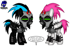 Size: 6016x3966 | Tagged: safe, artist:damlanil, imported from derpibooru, oc, oc:nightlight aura, oc:storm cloud, pegasus, pony, armor, comic, commission, duo, female, helmet, mare, mind control, show accurate, simple background, sombra soldier, speech bubble, text, transparent background, vector, wings