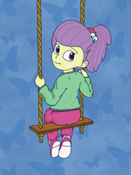 Size: 1500x2000 | Tagged: safe, artist:tahublade7, imported from derpibooru, human, equestria girls, equestria girls series, clothes, female, jacket, lily pad (g4), looking at you, pants, ponytail, shoes, sitting, solo, swing