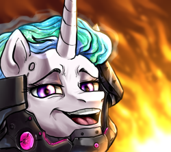 Size: 784x696 | Tagged: safe, artist:not-ordinary-pony, derpibooru exclusive, imported from derpibooru, princess celestia, alicorn, pony, bust, crossover, female, fire, glowing mane, mare, metal gear, metal gear rising, portrait, smiling, solo, sundowner