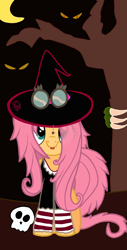 Size: 1080x2134 | Tagged: safe, artist:flutteryaylove, imported from derpibooru, fluttershy, pony, drawing, fangs, hat, mlp fim's twelfth anniversary, night, nightmare night, skull, smiling, tree, witch, witch hat