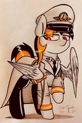 Size: 1600x2392 | Tagged: safe, artist:cdrspark, imported from derpibooru, oc, oc only, oc:spark apocalypse, pegasus, pony, cap, clothes, female, hat, lidded eyes, military uniform, overcoat, pegasus oc, red eyes, rubber boots, solo, uniform, wings