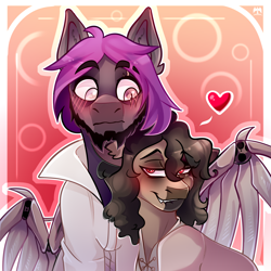 Size: 2000x2000 | Tagged: safe, artist:kwiateko, imported from derpibooru, oc, oc:lourence, oc:vincent, earth pony, pony, artificial wings, augmented, black hair, blushing, couple, cute, gay, gay couple, male, mechanical wing, prosthetic eye, prosthetics, purple hair, vincelou, wings