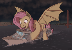 Size: 3498x2462 | Tagged: safe, artist:rapidstrike, imported from derpibooru, fluttershy, bat pony, monster pony, pony, series:giant flutterbat, bat ponified, bridge, california, city, cruise ship, destruction, drool, fangs, female, flutterbat, flutterpred, golden gate bridge, high res, macro, mare, mare pred, mass vore, multiple prey, ocean, open mouth, ponies eating humans, race swap, san francisco, ship, spread wings, tongue out, unknown prey, vore, water, wings