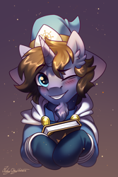 Size: 2000x3000 | Tagged: safe, artist:jedayskayvoker, imported from derpibooru, oc, oc:azure lore, pony, unicorn, blushing, book, bust, cape, clothes, facial hair, gloves, goatee, gradient background, hat, high res, holding a book, horn, icon, looking at you, magic, magician, magician outfit, male, patreon, patreon reward, portrait, smiling, smiling at you, solo, stallion, unicorn oc