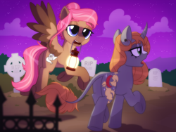 Size: 2560x1920 | Tagged: safe, artist:whitequartztheartist, imported from derpibooru, oc, oc only, pegasus, pony, unicorn, flying, gravestone, graveyard, lamp, night, nightmare night